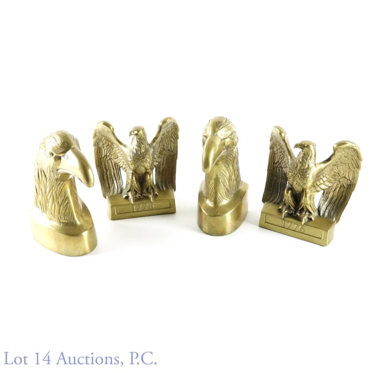 Eagle & Eagle Head Brass Bookends (2 Pair): Philadelphia Manufacturing Company "1776" eagle bookends. Back is marked PMC 114B. Both pieces have original felt and labels from PMC on bottom. Some wear. Approximately 6.25" tall x 5.75" wide by 2-5