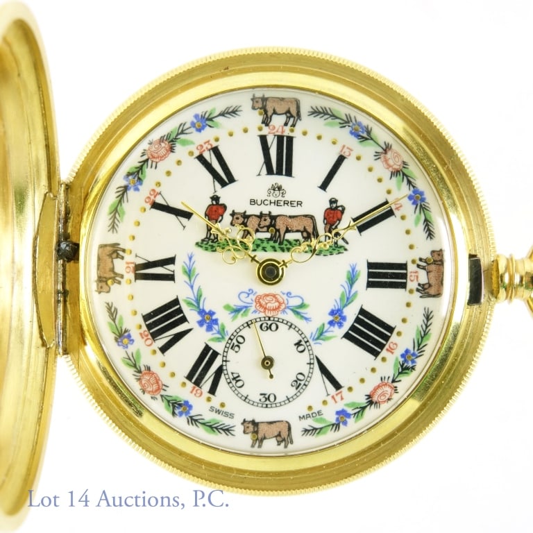 Bucherer Swiss Farmer's Pocket Watch Gold Tone: Bucherer Swiss Farmer's pocket watch. Swiss made. With box, guarantee certificate and chains / fob. Watch winds and runs, but is untested and sold as is. No noticeable damage, scratches or repairs. Fo