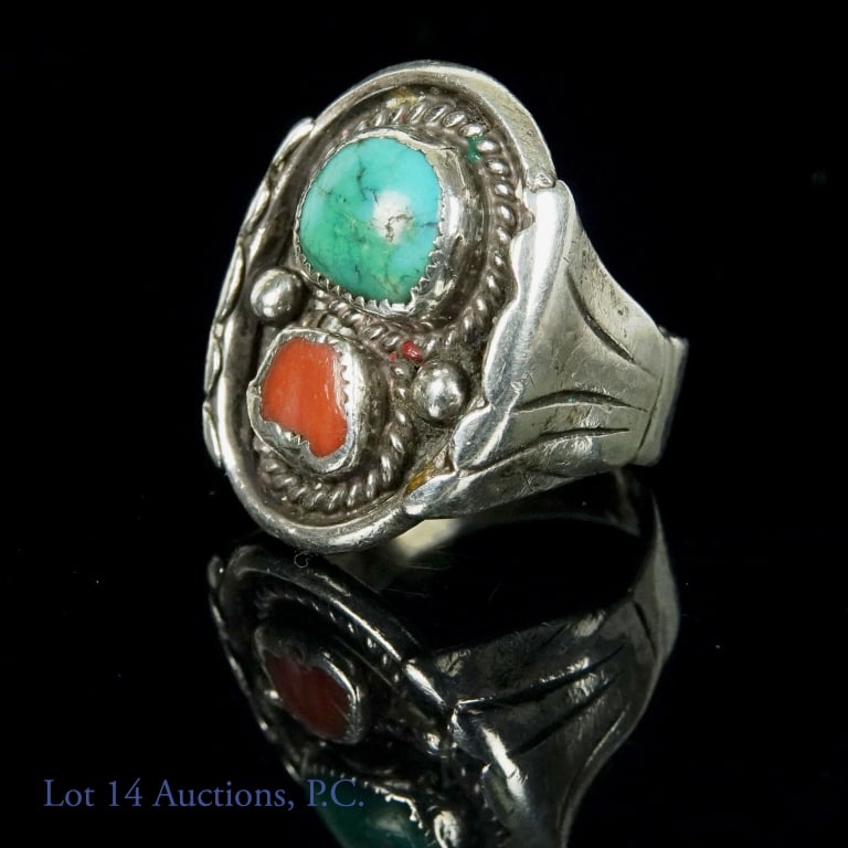 Navajo Shirley Lee Signed Turquoise Silver Ring: Navajo silversmith Shirley Lee. Sterling silver, turquoise and coral ring is size 8, and inscribed "SHIRLEY LEE". .36ozt. / 11g. total weight.