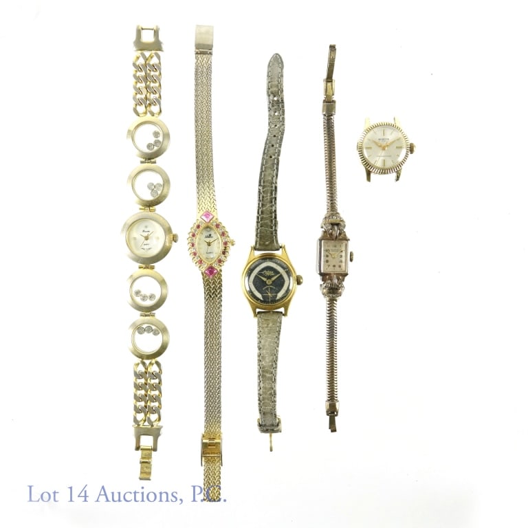 5 Ladies' Watches - Sterling Globus, Bifora+ P/R: Five Ladies' watches for parts / repair. These watches are not running and are sold as is, with no guaranties. (935) Sterling Silver case Globus 15 rubies watch. Bifora Top Shockproof watch. Austin 17