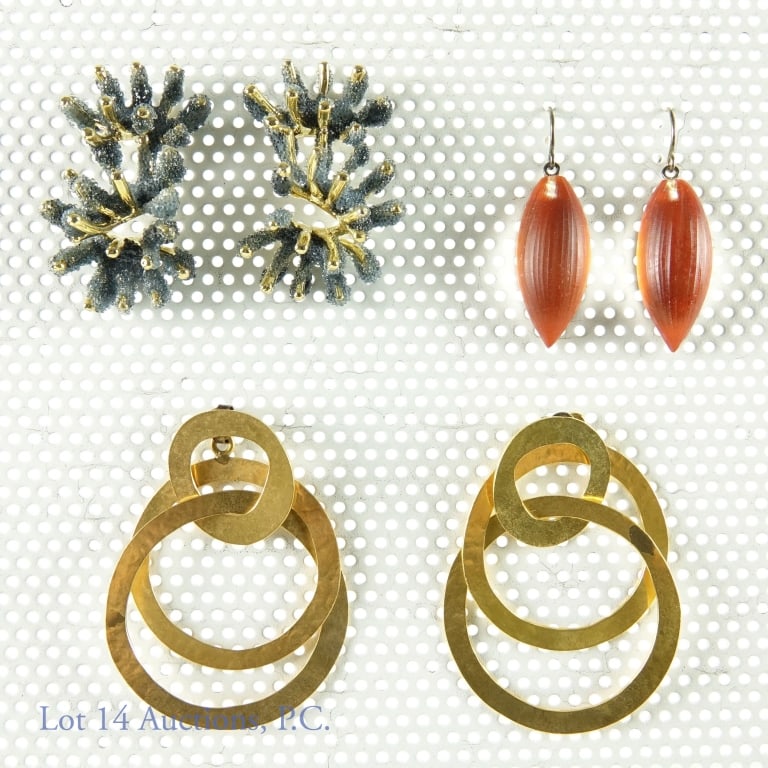 Designer Earrings Bittar Telli Straeten (3 Pairs): 3 pairs of earrings: Alexis Bittar amber colored teardrop earrings. ***** Aisegul Telli reverse coral earrings purchased from Iris Trends in Chicago. ***** Herve Van Der Straeten 3-ring earrings. All 