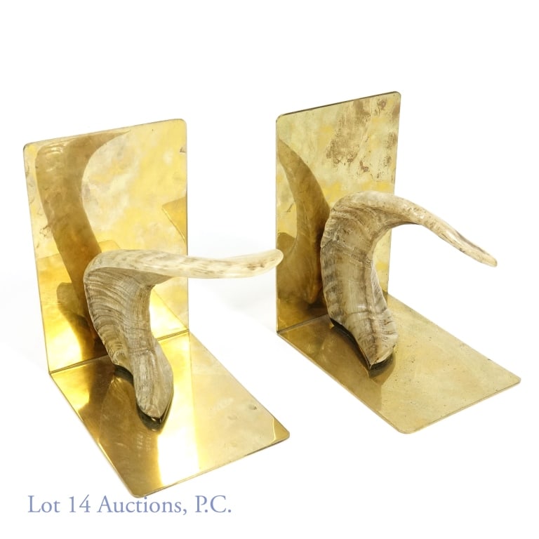 Carl Aubock (Attrib.) Ram's Horn Bookends: Carl Aubock (attributed) Pair of ram's horn bookends. Horns are mounted on brass. 7.25" tall x 6.25 long x 4-5/8" wide. The pair has a total weight of 3.5 pounds. Some light wear. *** Please note: the