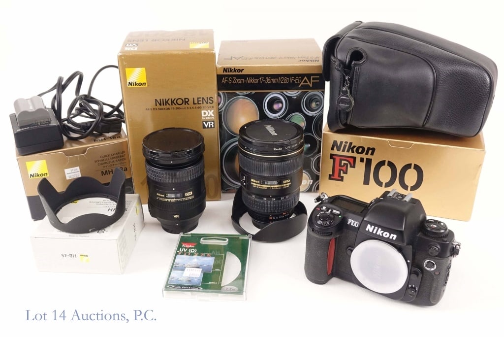 Nikon / Nikkor Camera Assortment (SEE NOTES!): Nikon F100 Body. Nikkor 17-35 zoom AF lens. Nikkor 18-200 zoom AF lens. Quick charger (FOR DSLR) and battery. Nikon case and hood. 4/7 NOTE: 18-200MM LENS ZOOM RING IS NOT FUNCTIONING CORRECTLY. RING