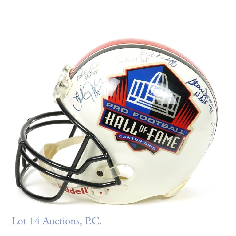 Signed NFL Hall Of Fame Riddell Helmet (9 Autos): Signed NFL Hall Of Fame Riddell Helmet (9 HOF Autographs) (No COA). Includes Paul Krause, Fred Biletnikoff, Stan Jones, Ozzie Newsome, Ted Hendricks, Leroy Kelly, Bob Lilly, Don Maynard & More! Please