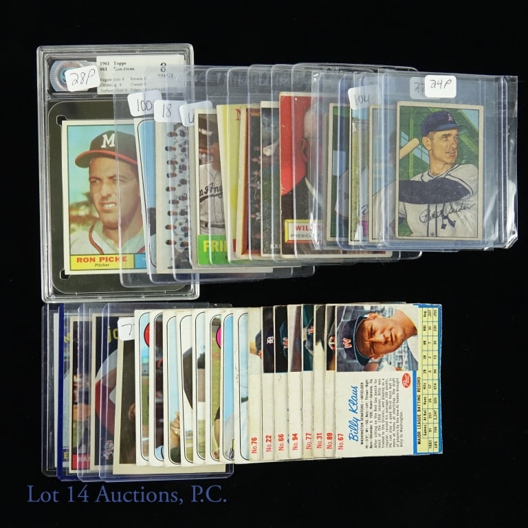 1950's And 1960's Baseball Cards (34): Collection of stars and HOF'ers in this group of cards. Collection includes 1952 Bowman (4), 1962 Post Cereal (8), a 1961 Topps #61 graded 8 NMMT, 1969 Topps baseball cards (9), plus a variety of othe