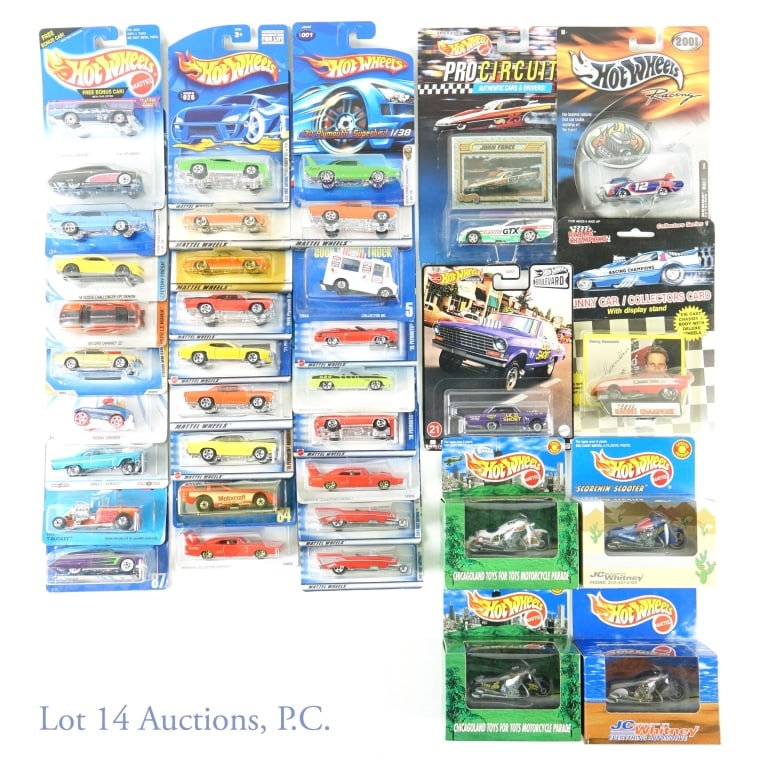 Die Cast Cars - NOS - Mostly Hot Wheels (36): All items are new in package, except as noted. 4 Hot Wheels scooters / motorcycles (2 JC Whitney, 2 Chicagoland Toys for Tots Motorcycle Parade) *** Hot Wheels cars - Collector Nos. 001 (x2), 5, 026,
