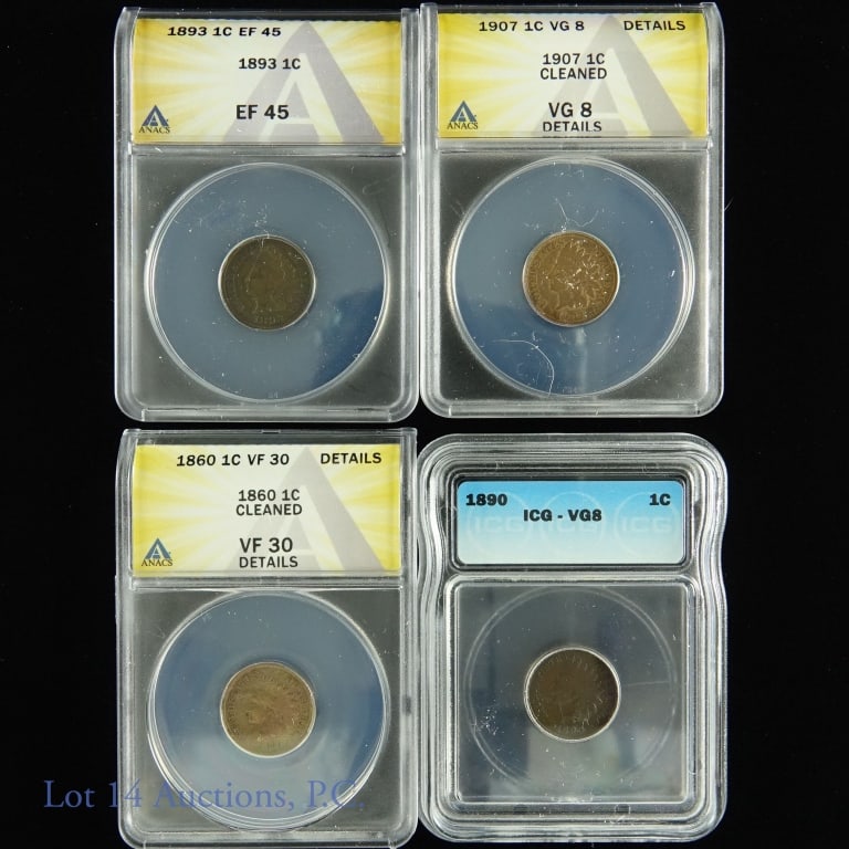 1860, 1890, 1893 & 1907 Indian Head 1cents (4): Four (4) graded Indian Head pennies as follows: ---1860 ANACS VF 30 details, cleaned, ---1890 ICG VG 8, ---1893 ANACS EF 45, and ---1907 ANACS VG 8 details, cleaned.