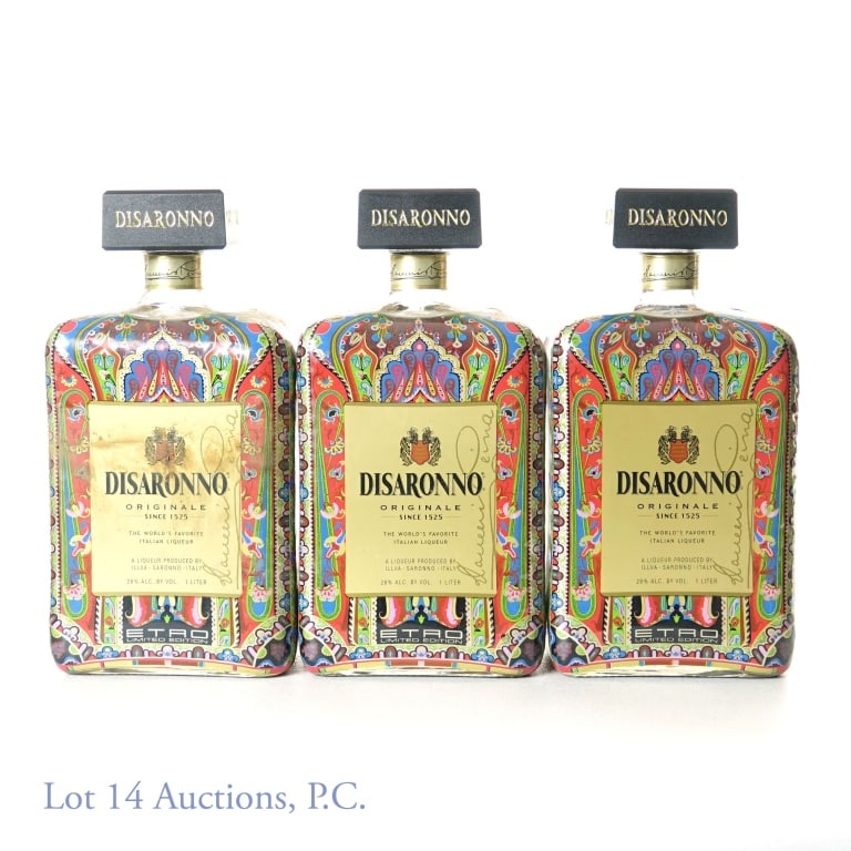 DiSaronno Originale Amaretto - Etro Ltd Ed (3): 3 bottles of DiSaronno Originale Amaretto liqueur. - ETRO limited edition bottles. 28% ABV. 1 liter. *** NOTE: One of the bottles has some dirt or staining on the ERTO skin. ***