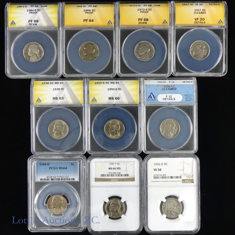 1936-1987 Buffalo/ Jeff. 5c (PCGS, NCG, ANACS)-10 (1 of 5)