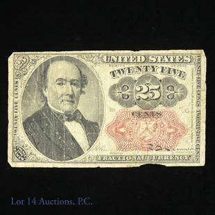 F.1308 25 Cents Fractional Currency (Walker): F.1308 fifth issue 25 cents fractional currency with long, thin key in red Treasury seal (5 mm). Face of Treasury Secretary Robert Walker. ***Lot 14 is not a currency grading agency. Any consigner pro