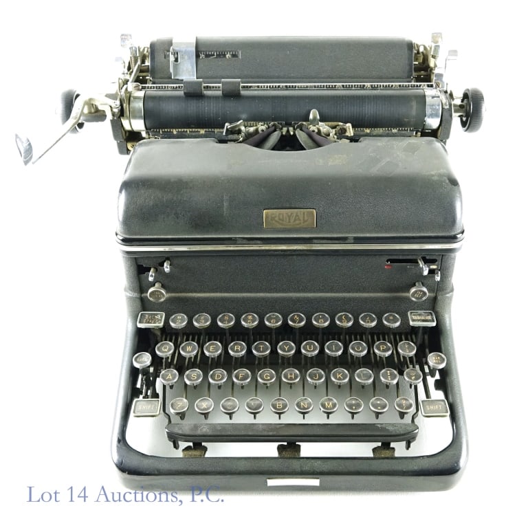 1940 Royal Typewriter - Glass Keys: 1940 Royal typewriter. Serial No. KMM - 2558606. Glass panel keys. Rectangular shift, backspace, and tab keys. This item is quite heavy! Appears to be in working order. Signs of wear. Previous owner e