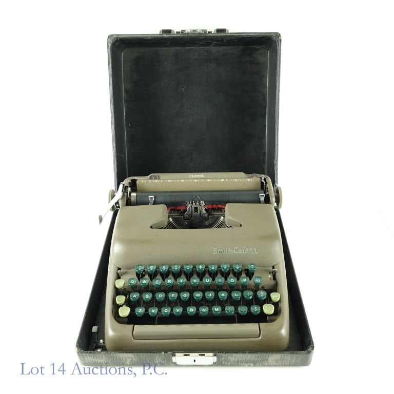 1949 Smith Corona Clipper Typewriter (+ Case): 1949 Smith Corona Clipper typewriter. Serial No. 5C124102. Keys, mechanism, and bell all work. Some light staining and dust. Includes original carrying case (lockdown mechanism works). Case has some w
