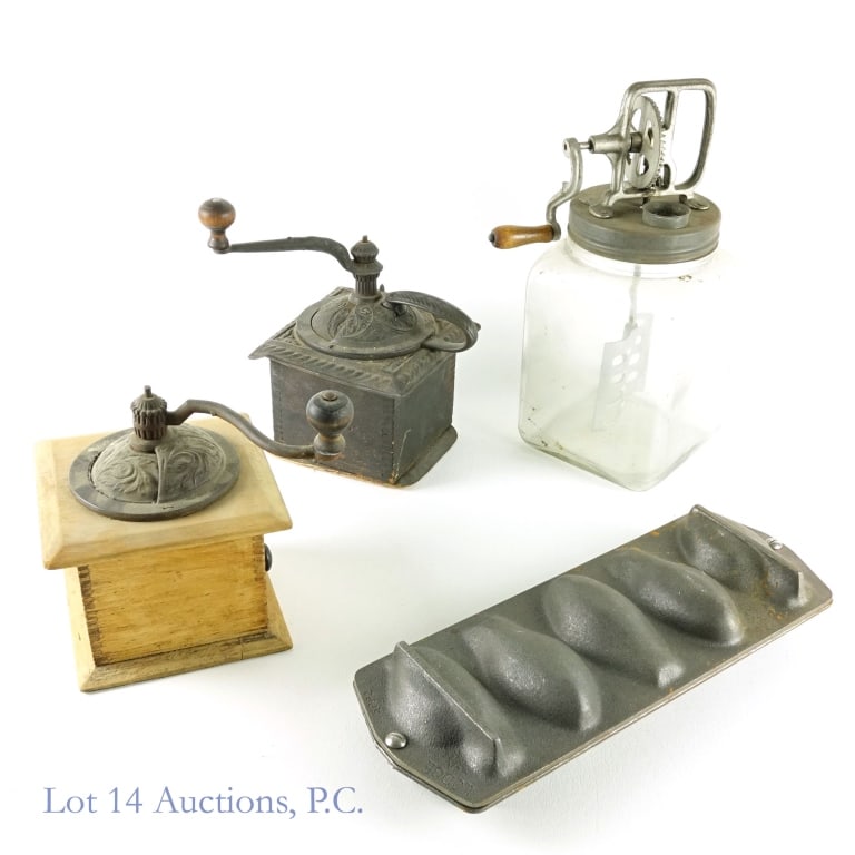 Lodge Cast Iron Mold, Churn, Coffee Grinders: Lodge cast iron fish cornbread mold (No. 5PP2). Some rusting on exterior - interior appears to be clean. ***** 4 quart table-top butter churn with glass container and what appears to be cast-iron comp