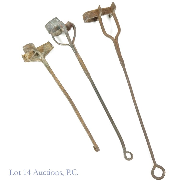 Livestock Cattle Wrought Iron Branding Irons (3): Three used branding irons for cattle or livestock. Handles are 19.25 - 28.5 inches long, and brands are 4.5 - 5.25 inches wide. Brands appear to include "HP" and "JB" or "J3". The third brand is not i