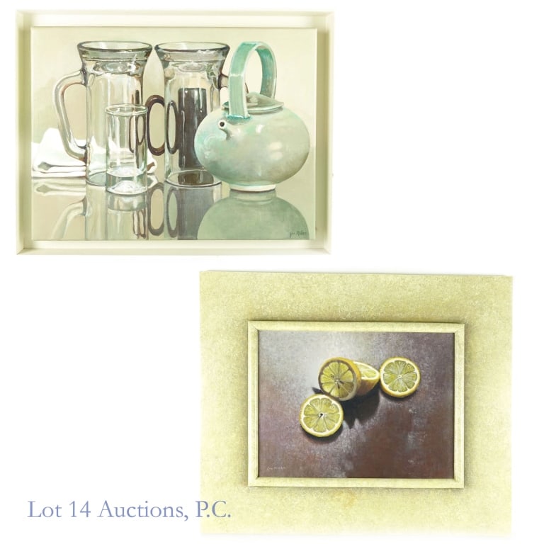Jan Miller Sgd. Still Life Oil Paintings (2): Two (2) signed Jan Miller (American 1939) oil on canvas still life paintings. Oil painting of pitchers is 18 x 24" (frame is 21 x 27"), and signed lower right. Oil painting of a lemon is 15.5 x 11.5" 