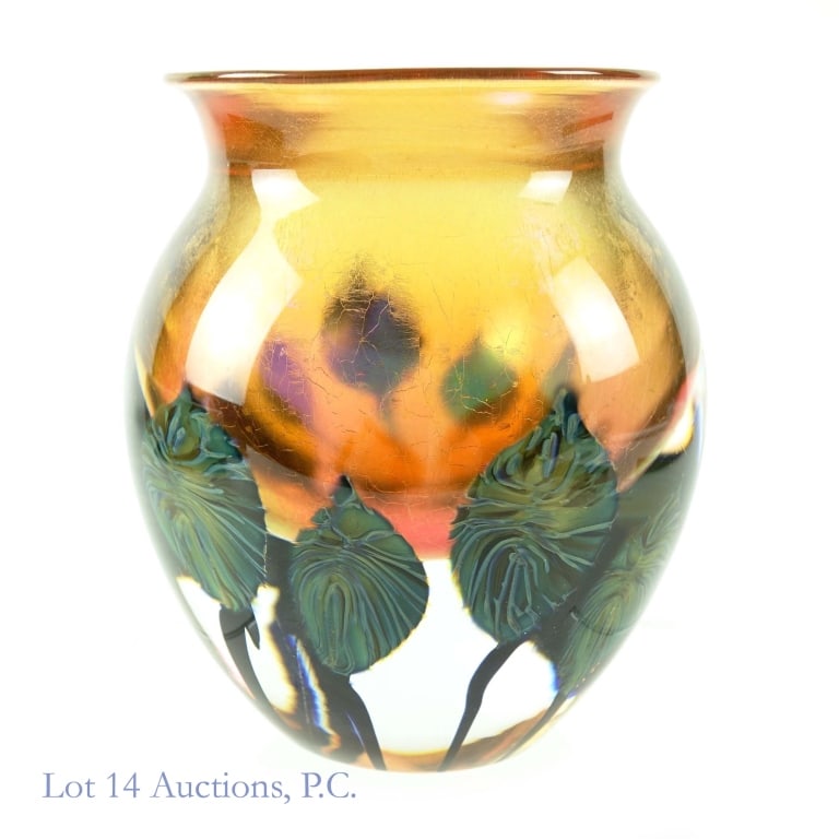 David Lotton (b. 1960) Art Glass Vase: Art glass vase signed by David Lotton (b. 1960) and dated 2001. David Lotton sticker still attached. 4.75" tall. Mouth diameter approximately 3.5". Weight: 3.10 pounds (1.40 kg). Craquelure apparent o