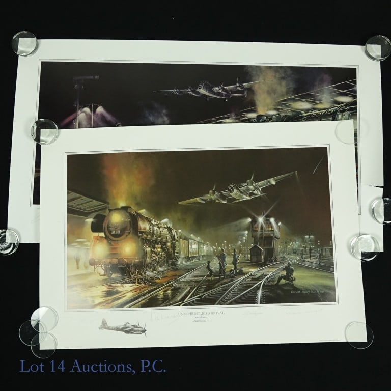 Robert Bailey Lithographs (2) WWII (Signed): Lithograph entitled "Unscheduled Arrival" by Robert Bailey (b. 1947). The scene depicts a German railyard on the evening of 25 August 1944. All is as expected until out of the night a deHavilland Mosq