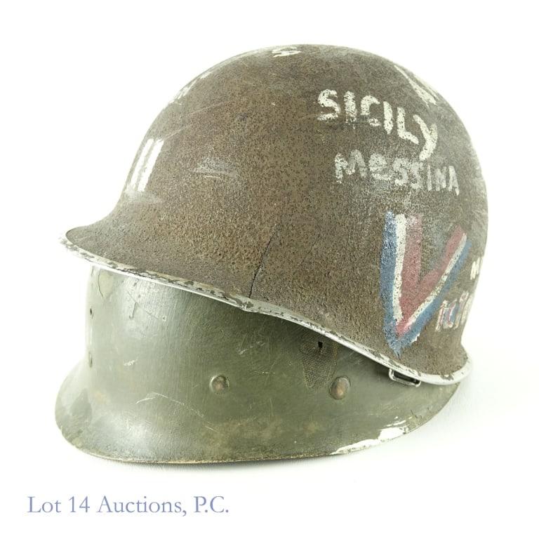 WWII U.S. Helmet With Euro Theaters, 3rd Division: WWI model, front seam, fixed bale helmet with captain's bars, "Fighting 3RD Division", "Victory", "Sicily", "Messina", "North Africa", "Italy", "Anzio", "May 8, 1945", "Germany", "France", "D-Day", "+
