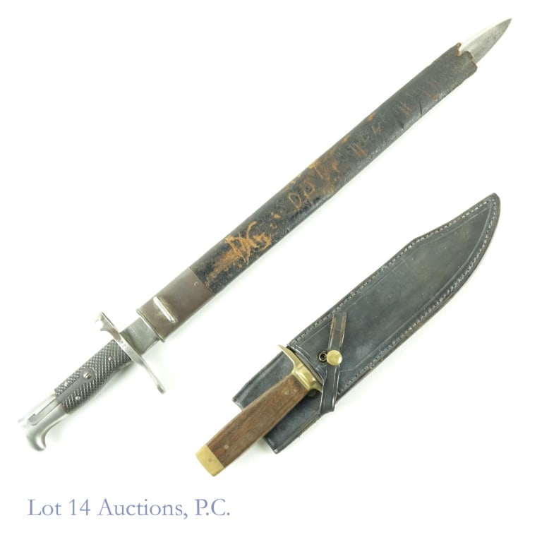 Drop Point Bowie Knife & Sawback Bayonet ***: Drop Point Bowie knife with leather scabbard. One side is etched : By F. Eichenberger Morrilton, Arkansas 1973". The other side of the knife is etched "R.H.H. 69". Blade is approximately 8". Scratches