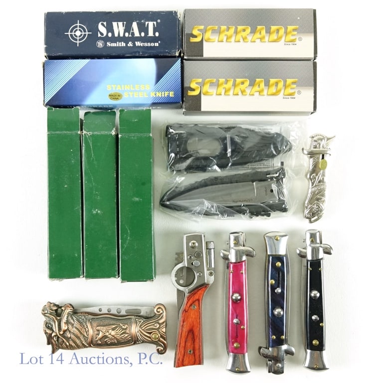 Spring Assisted Knives - Some New (13): 13 spring assisted knives. Most do not have an identified manufacturer, but some that do show up are USA Super Knife (one is new in box), Smith & Wesson ExtremeOps S.W.A.T. knife (appears to be new), 