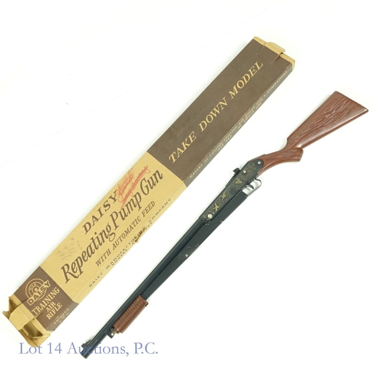 Daisy Model 25 BB Repeating Pump Gun Rifle, Box: Daisy Model 25 (#A033701) Repeating Pump Gun with automatic feed. Compression seems correct and box is in good condition, though someone wrote on it. No damage observed to plastic stock. Please see ph