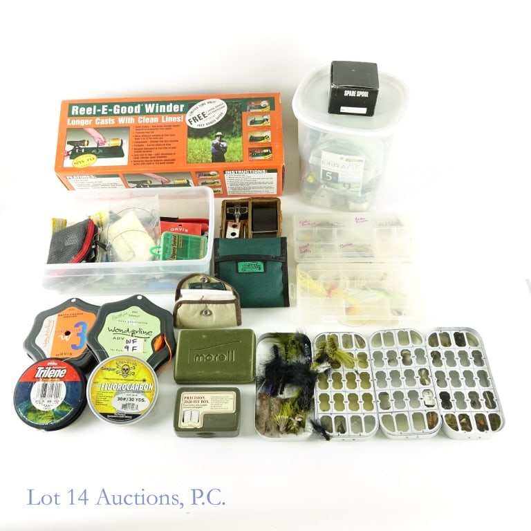 Fly-Tying, Fishing Lures, Fly-Fishing Tackle: Large assortment of flies, fly-tying line, tools and lures. reel line winder, and much more. Please see photos for details and condition.