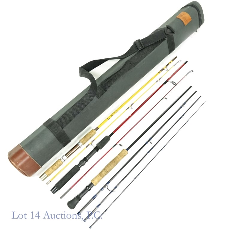 Orvis SaltRodder 9' Fly, Wright & McGill, FishBonz: DB DUN leather trimmed, 40" long hard travel case with three (3) fishing rods. Orvis SaltRodder 9', 4 piece 4 1/8oz., 8 line weight fly fishing rod in new or like-new condition, with rod bag. Wright &