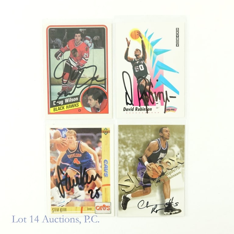 Autographed Sports Trading Cards (4): 4 sports trading cards - autographed. NO COAs - sold as is where is. 1991-92 Skybox Basketball #261 (David Robinson) *** 1991-92 Upper Deck Basketball #208 (Steve Kerr) *** 1998 Skybox Autographics Ba