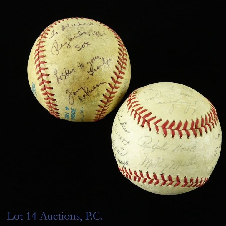 Tony LaRussa Signed Baseball + Yankees Svnr. Ball: Official American League (Brown) baseball (heavily stained inscribed and signed "To Michael - Regards, 86! Sox Listen to your grandpa Tony LaRussa". LaRussa is the second winningest manager in MLB his