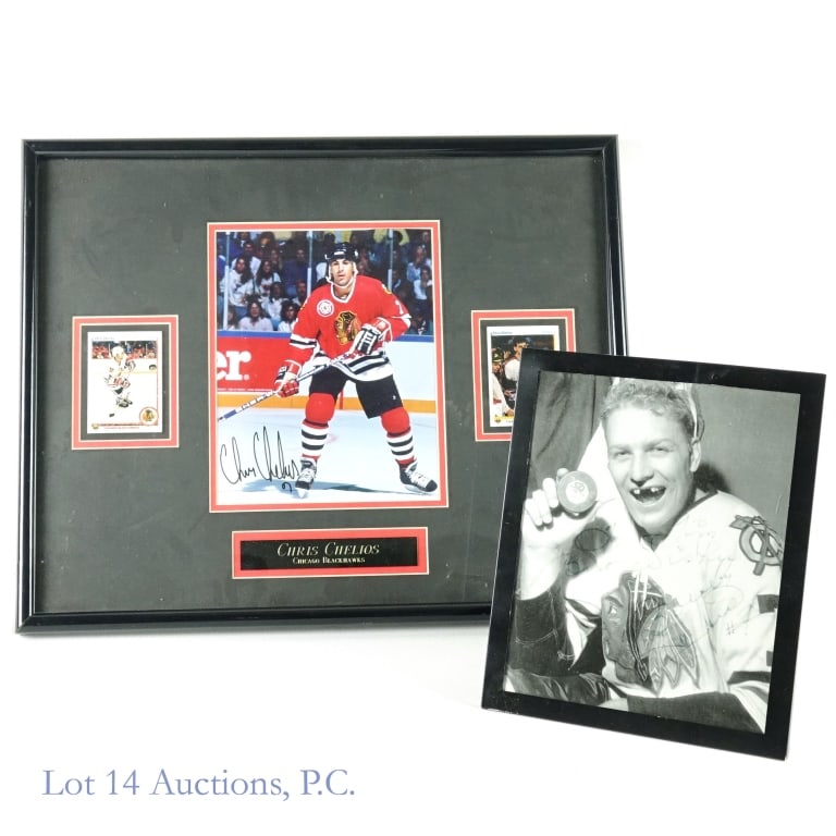 Bobby Hull ** & Chris Chelios Signed Pictures: Black & white 8" x 10" photo signed and inscribed by bobby Hull (To Tim, Best wishes). The photo shows Hull missing some teeth and holding up a puck marked "50". *** Please note - the signature is gre