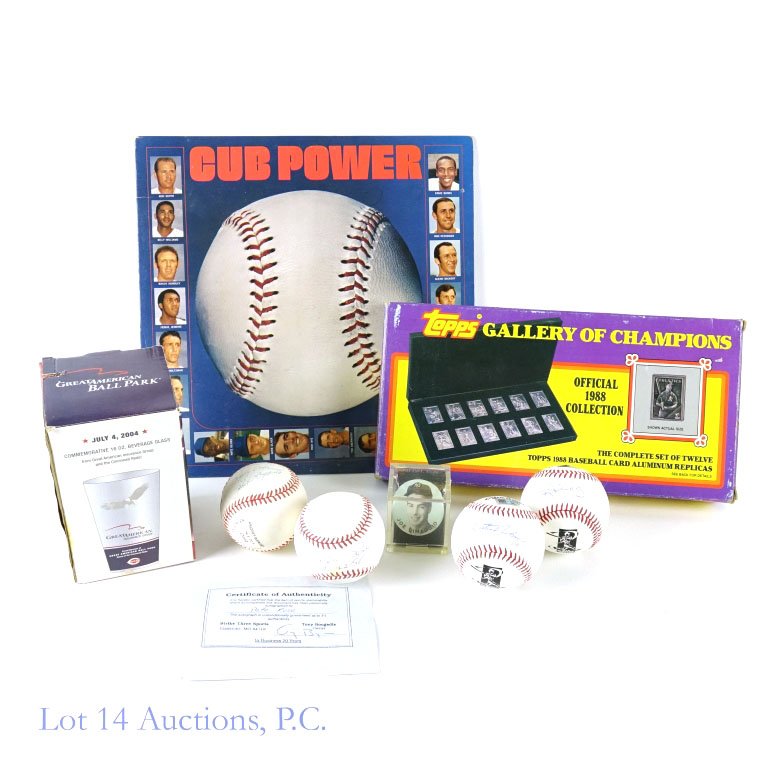 Baseball Lot - DiMaggio Pin, Signed Balls & More: Joe DiMaggio pin with signed baseballs from Austin Jackson, Phil Rizzutto, Pete Rose and Rajai Davis. Also included is a 1969 "Cub Power" album and an official 1988 Topps Gallery of Champions set of 1