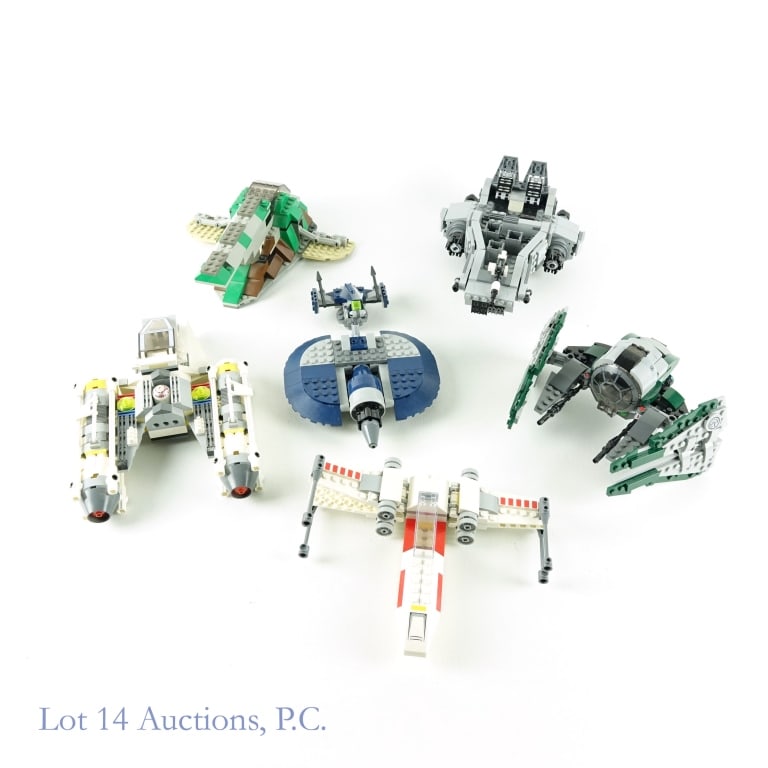 Lego Star Wars Vehicles (Slave 1, X-Wing, More): 6 Lego Star Wars vehicles. We do not know if these vehicles are complete or not. Among the vehicles represented are Boba Fett's Slave 1 ship, a Y-wing Rebel fighter, and an X-wing Rebel fighter.