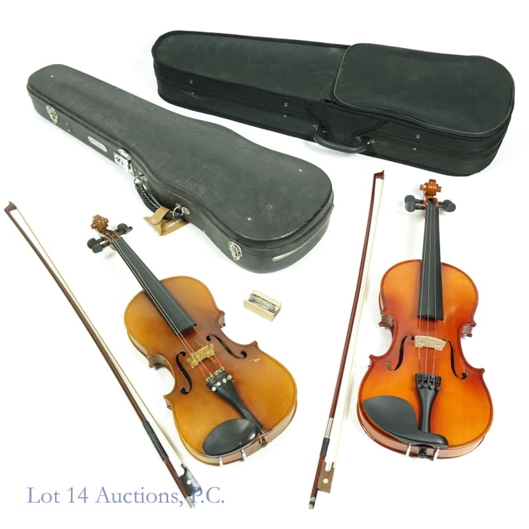 Violins (2) - Skylark and Unknown: 2 violins. One is a Skylark from the PRC. Bow included. Signs of wear and scratches. Original hard shell carrying case and resin included. **** The second violin has no identified manufacturer, but ap