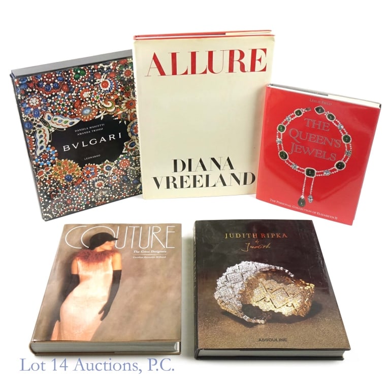 Jewelry and Couture Books (5): 5 Books. "Allure", "Couture", "Bvlgari", "The Queen's Jewels", and "Judith Ripka"1-"Allure". Vreeland, Diana. Hardcover. Hardcover Condition: Good. Jacket Condition: Ok, Heavy Discoloration on Front a