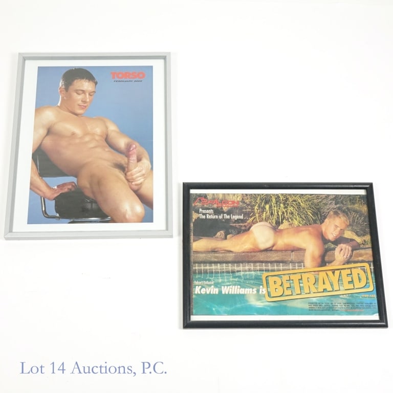 Adult Gay Video Promotional Pictures (2): 2 framed adult gay video promotional pictures. One features a model from Torso Magazine (February 2002). Frame is approximately 14.5" x 18.25". The other is from Falcon Studios announcing the return o