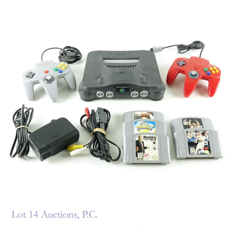 Nintendo 64 Game Console (5 Games + Controllers): Nintendo 64 Game Console (5 Games + 2 Controllers). System untested in house. Games include: Hey You, Pikachu!, WWF War Zone, Madden Football 64, All Star Baseball 99 & Golden Eye 007. Please see imag