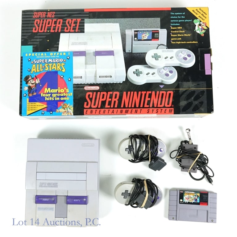 Super Nintendo ES (No Power Cord) Mario All-Stars: Super Nintendo Entertainment System in original (better condition) box and styrofoam. Has game system, two controllers, and system / TV interface cord. *** Power cord is missing. *** Includes Super Ma