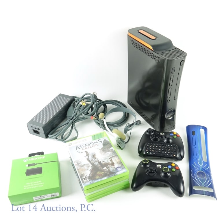 Xbox 360 Halo Edition, Games (4) and Accessories: Includes: Xbox 360 with Halo badge. 2 black Xbox 360 controllers. Halo Xbox 360 skin. Keyboard controller attachment. Headset with microphone. Charging cords. Play and charge kit in box. Games include
