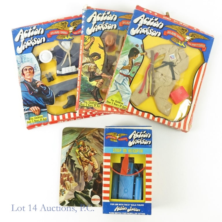 Mego Action Jackson Uniforms & SO Helicopter (NiP): 3 Mego Action Jackson uniforms - all new in package: Navy (1103), Jungle Safari (1110), Karate (1116). Packages are in rougher condition. ***** Mego Action Jackson battery operated Strap-On Helicopter