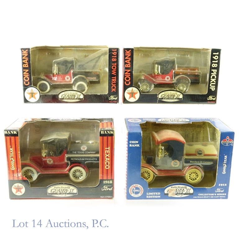 Gearbox Collectible Truck Coin Banks - NIB (4): 4 Gearbox collectible trucks - all new in package. Packaging is dusty. Texaco branded 1918 Ford Runabout tow truck (#76951) - part of the packaging is torn, but the truck appears unaffected. *** Texac