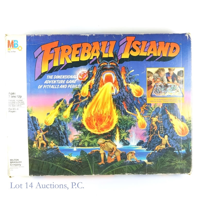 Fireball Island Game (Incomplete): Milton Bradley's Fireball Island board game (box copyright is 1986). Includes original (rougher condition) box, game board, the complete idol, red, purple, and blue game pieces, both bridges, 46 cards