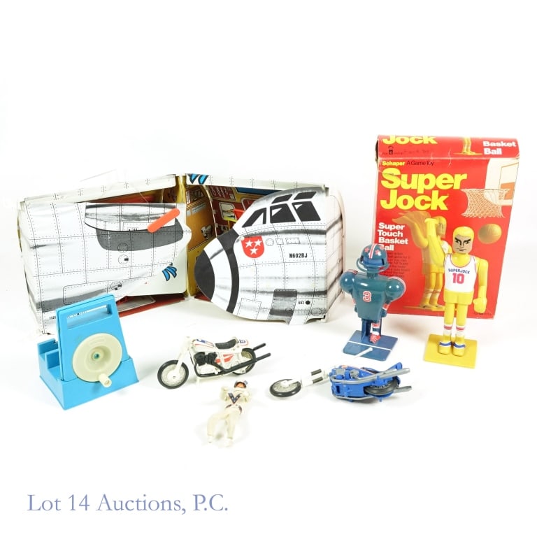 Vintage Toys (Big Jim, Super Jock, Evel Knievel): Mattel Big Jim Sky Commander playset. No action figures - some parts but we are not sure of completeness. Some damage and wear. ***** Super Jock basketball player and football place kicker. Both come