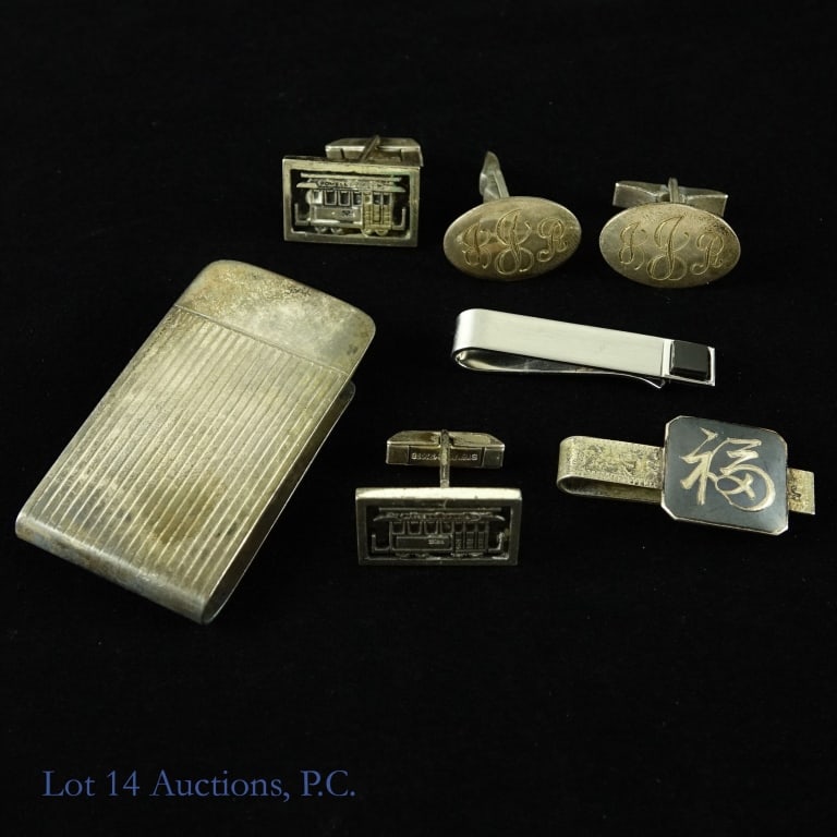 Sterling Silver Cufflinks, Money Clip, Tie Bars: Men's sterling silver jewelry - Two (2) pairs of cufflinks: San Francisco Cable Cars .9 x .6"; monogrammed silver oval cufflinks, .9 x .63"n made by "C.W.". Sterling silver money clip signed with C/T