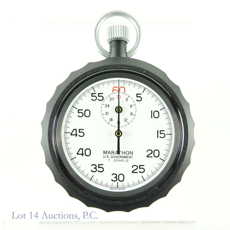 Marathon US Gov Mechanical Stopwatch: Marathon Swiss-made stopwatch. Marked "U.S. Government" and "7 jewels". Works. Original box (box hinge is broken so lid will come completely off when not closed.
