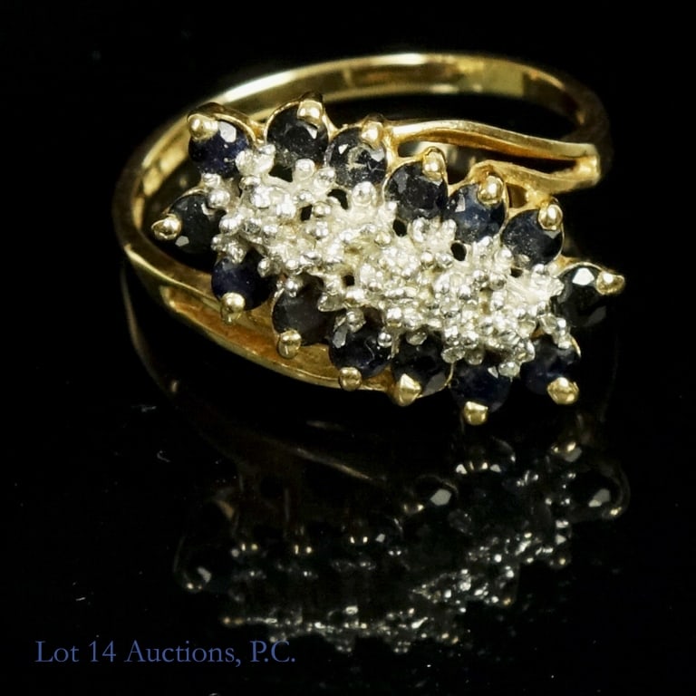 10k Y. Gold, Diamonds & Topaz (?) Ring Sz. 7.5: 10k Yellow Gold Ring, Size 7.5, with melee diamonds and 14 stones which test as topaz - please see photos for details. 1.7dwt (2.7g) total weight.