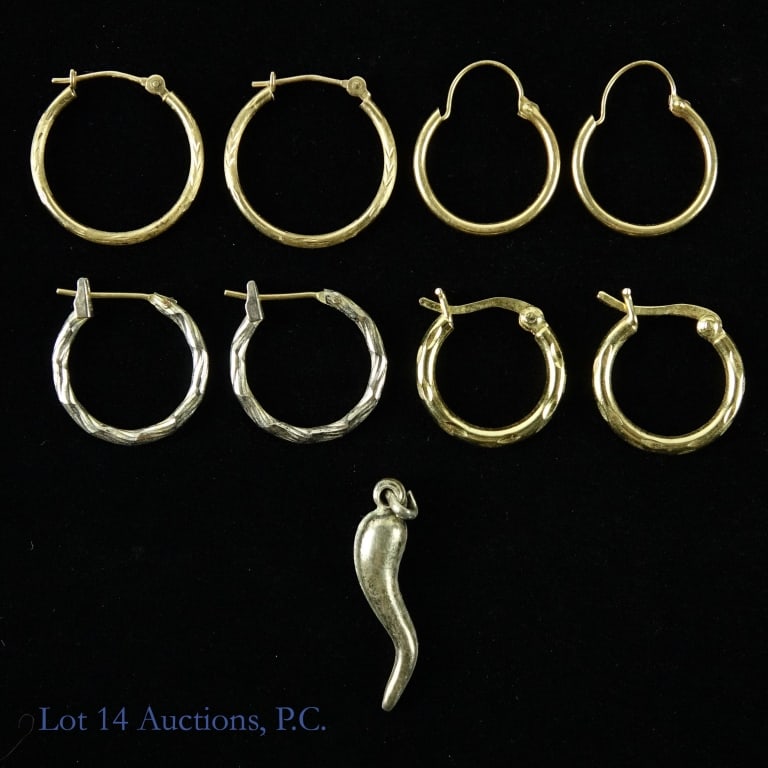 14k, 10k Y Gold and Sterling Silver Earrings, Horn: 14k Yellow gold simple hoop earrings, .31 dwt (.5g) .63" (16mm) diameter. 10k yellow gold brushed and polished gold alternating earrings, .31 dwt (.5g), .75" (18.4mm). 2 Pairs of sterling silver earri