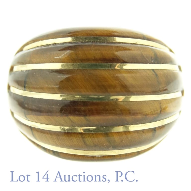 14k Gold w/ Tiger's Eye Ring by Milor, Italy: Tiger's eye ring with 5 bands of 14k yellow gold inlay, made in Italy by Milor. Size 9. Ring is .8" wide, and .34" high. 13.8g / 8.9dwt.