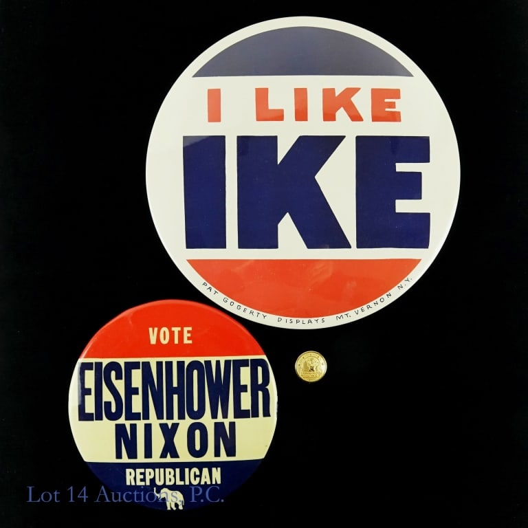 Dwight Eisenhower Presidential Campaign Items (3): Three (3) Dwight Eisenhower presidential campaign items in beautiful condition as follows: ---I Like Ike (9 inch) red, white and blue Eisenhower campaign button in beautiful condition; ---Vote Eisenho