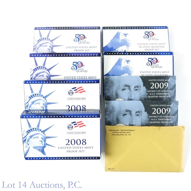 Proof Sets (9): Nine (9) United States Mint proof sets in OGP as follows: ---1963 (90% - silver), ---2001, ---2002, ---2008 50-state 25c proof 5-coin set (2), ---2008 28-coin (2), and ---2009-S Washington DC & U.S. T