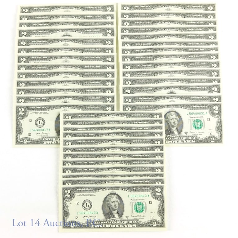 39 Consecutive 2017-A $2 Bills-Crisp Uncirculated: Lot of thirty-nine (39) consecutive (F.1941-L) 2017-A two dollar bills (Carranza / Mnuchin). Consigner reports all in crisp uncirculated condition. Lot 14 Auctions confirmed 39 count and number sequen